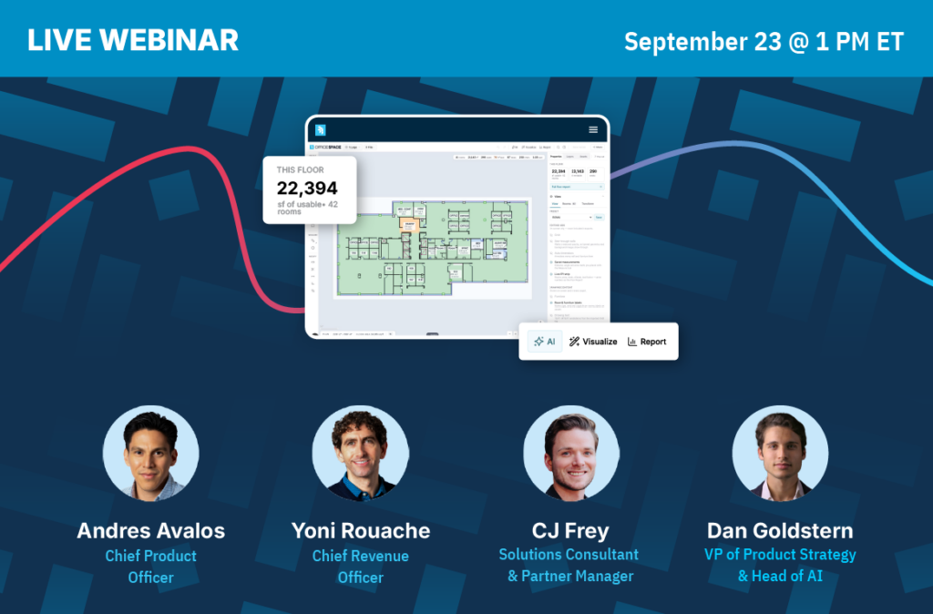 Webinar banner with a building floor plan on a screen and stats, four speakers headshots with names and titles, and event details: September 23, 1 PM ET.