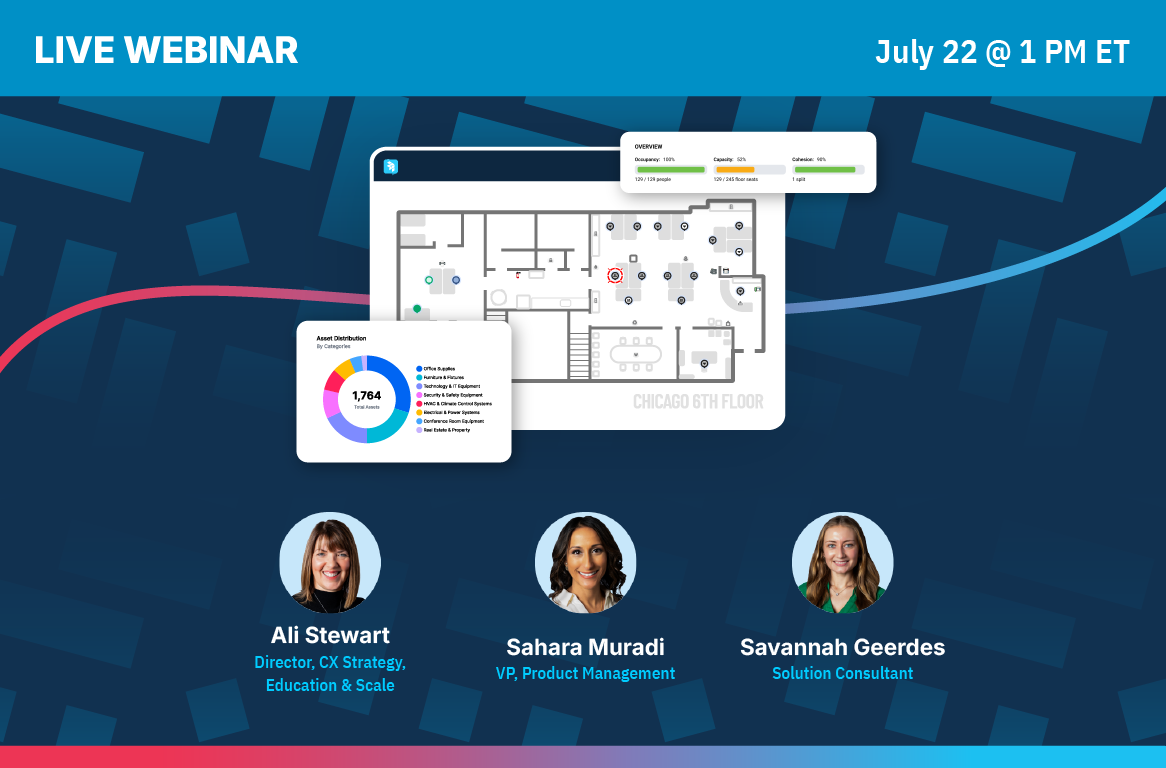 Webinar announcement with “LIVE WEBINAR” and “July 22 @ 1 PM ET” at the top. Features three speakers’ photos and titles, floor plan graphics, and charts. Speaker names: Ali Stewart, Sahara Muradi, Savannah Geerdes.