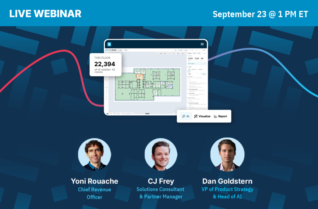 Live webinar promo. Includes a floor plan dashboard and photos of Yoni Rouache, CJ Frey, and Dan Goldstern with titles. Date: September 23 @ 1 PM ET. Visualize and Report buttons shown on the dashboard.