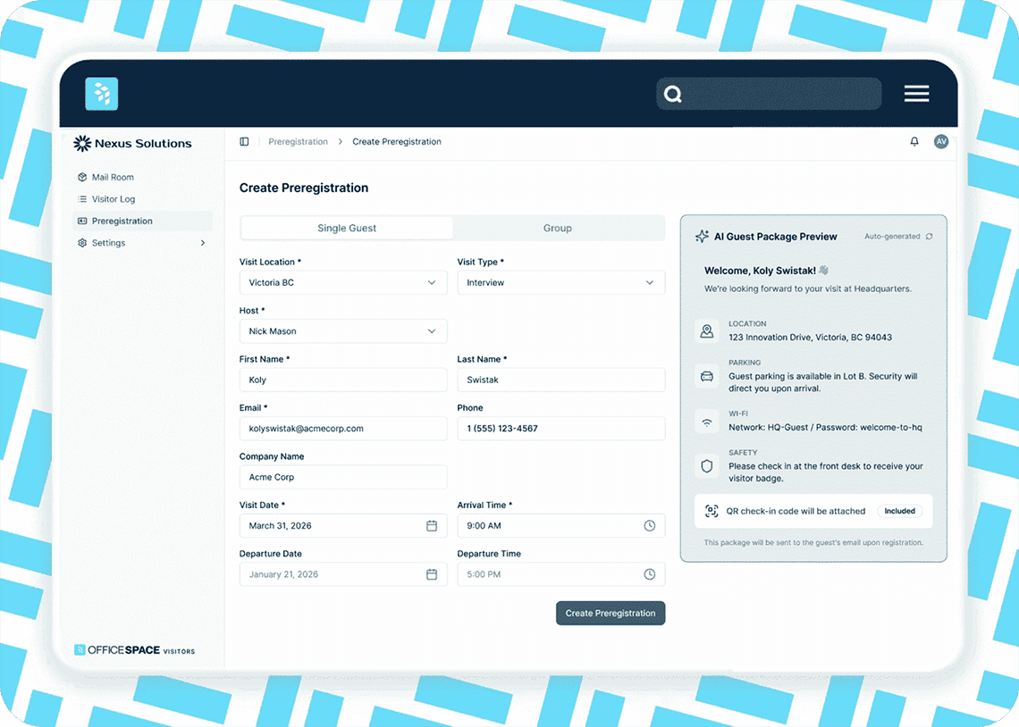 A screenshot of the OfficeSpace platform showcasing the AI guest package preview as part of the AI Visitor Experience Agent