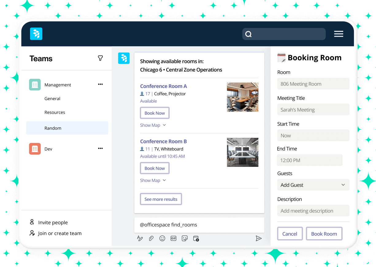 Room scheduling software with integrated productivity tools
