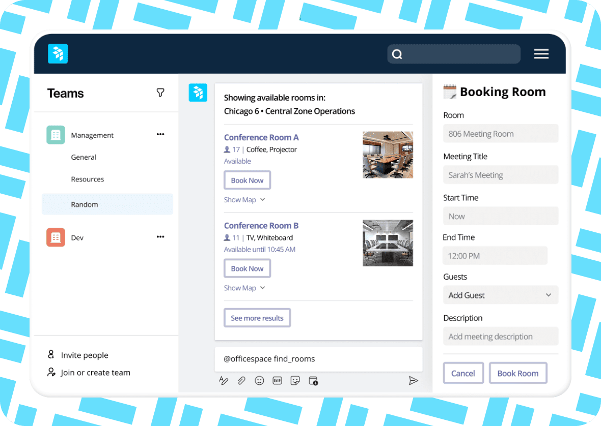 Room scheduling software with integrated productivity tools