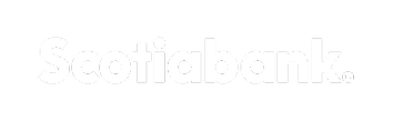 The image shows the Scotiabank logo in white, with a clean, bold font on a light gray background.