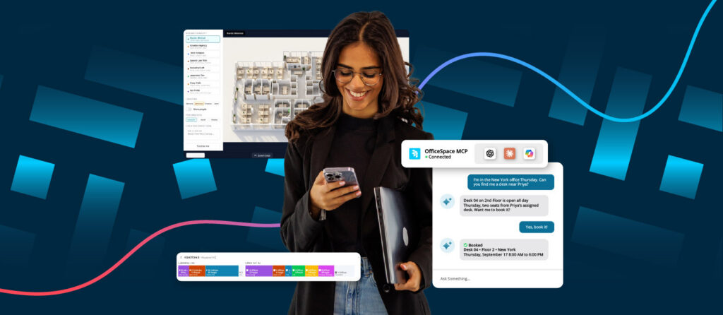 A woman holding a laptop and smartphone stands in front of digital screens displaying office floor plans, chat messages, and a scheduling interface—showcasing the intuitive capabilities of OfficeSpace Studio’s space planning software—on a blue geometric background.