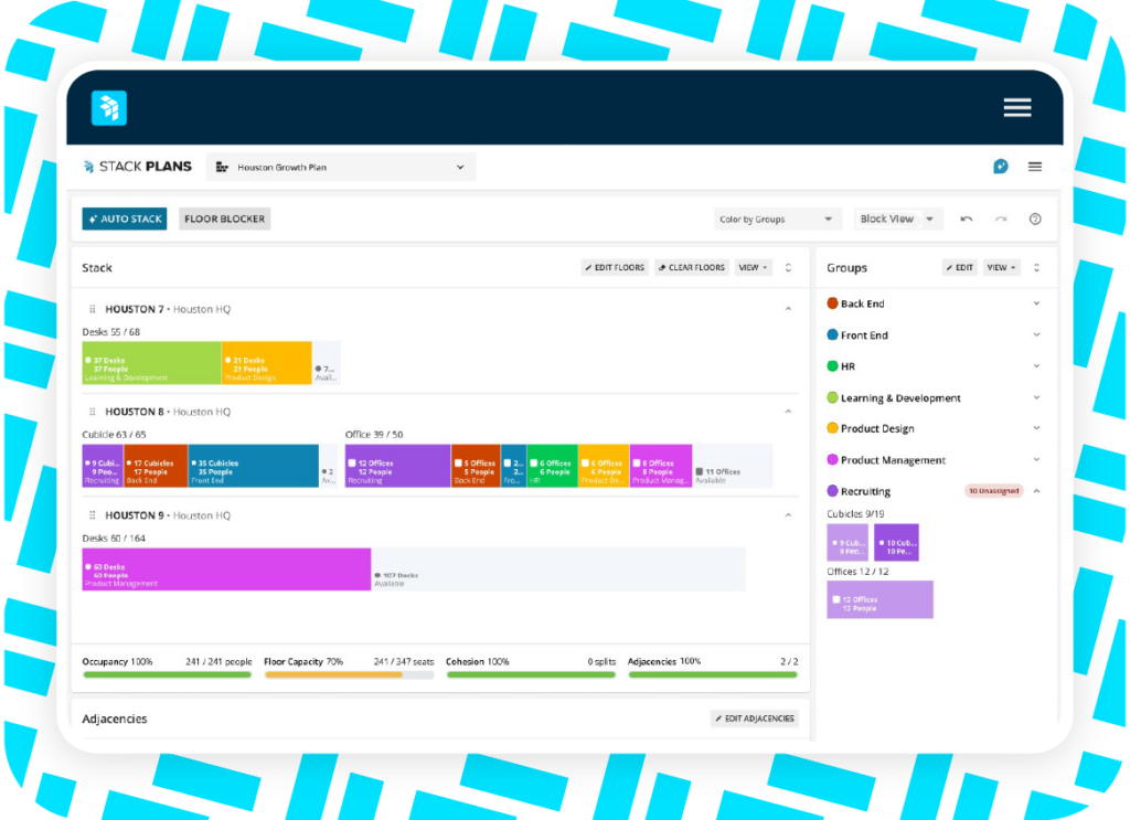 A dashboard displays a workspace planning tool with color-coded desks, office sections, and group categories for Back End, Front End, Learning & Development, Product Design, and Product Management.