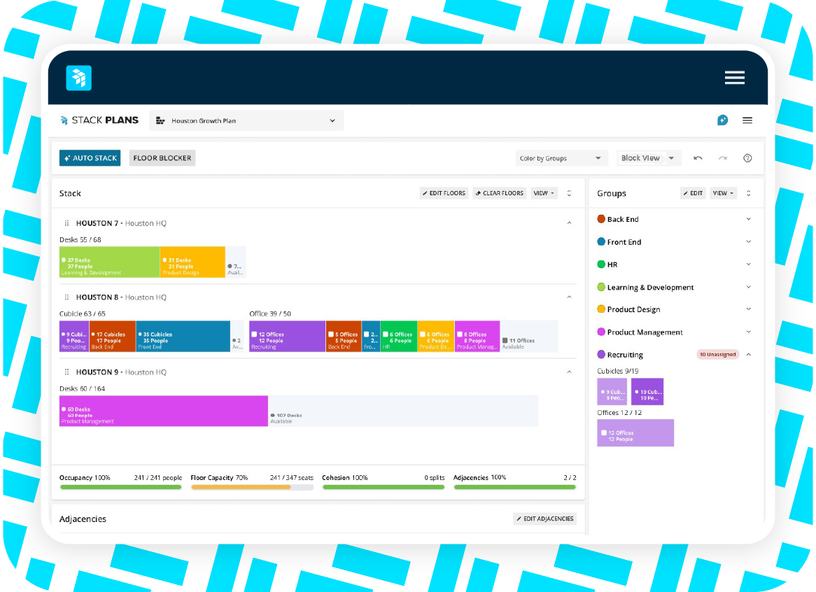 A dashboard displays a workspace planning tool with color-coded desks, office sections, and group categories for Back End, Front End, Learning & Development, Product Design, and Product Management.