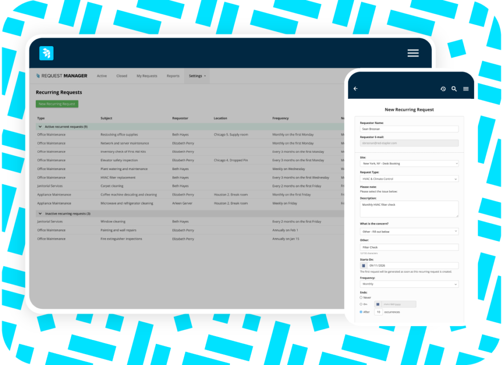 A tablet shows a list of recurring requests in a dashboard, while a phone displays a form for submitting a new recurring request. The background has a light blue geometric pattern.