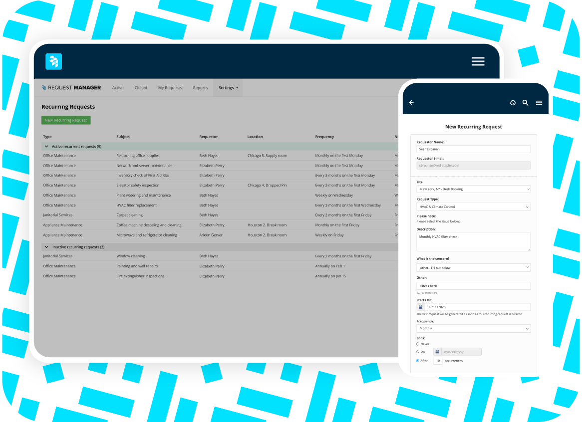A tablet shows a list of recurring requests in a dashboard, while a phone displays a form for submitting a new recurring request. The background has a light blue geometric pattern.