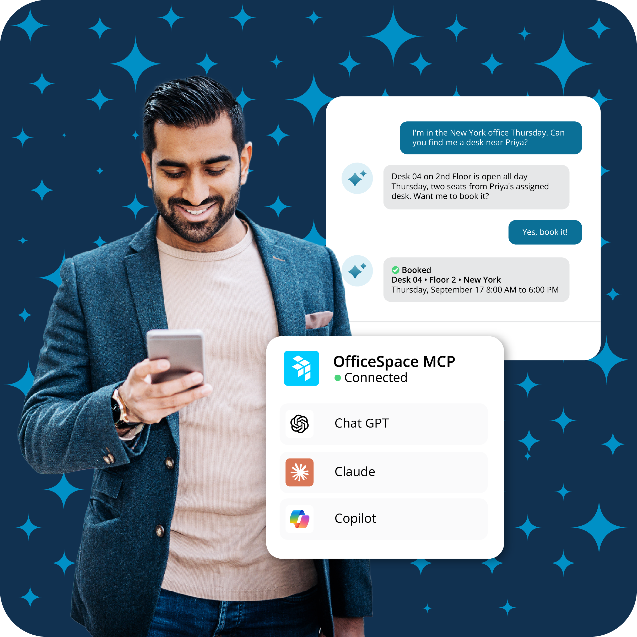 A smiling man in a blazer looks at his phone. Beside him are chat bubbles about booking a desk in the officespace studio, and a menu showing chat assistants: Chat GPT, Claude, Copilot. The background is blue with star patterns.