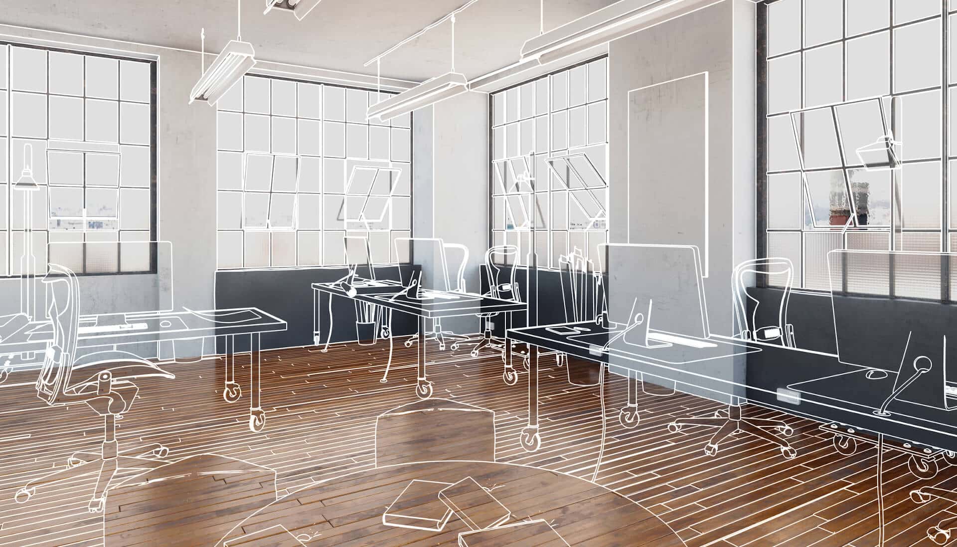 Sketch of an office with desks and chairs, overlaid on a photo of an industrial-style room with large windows.