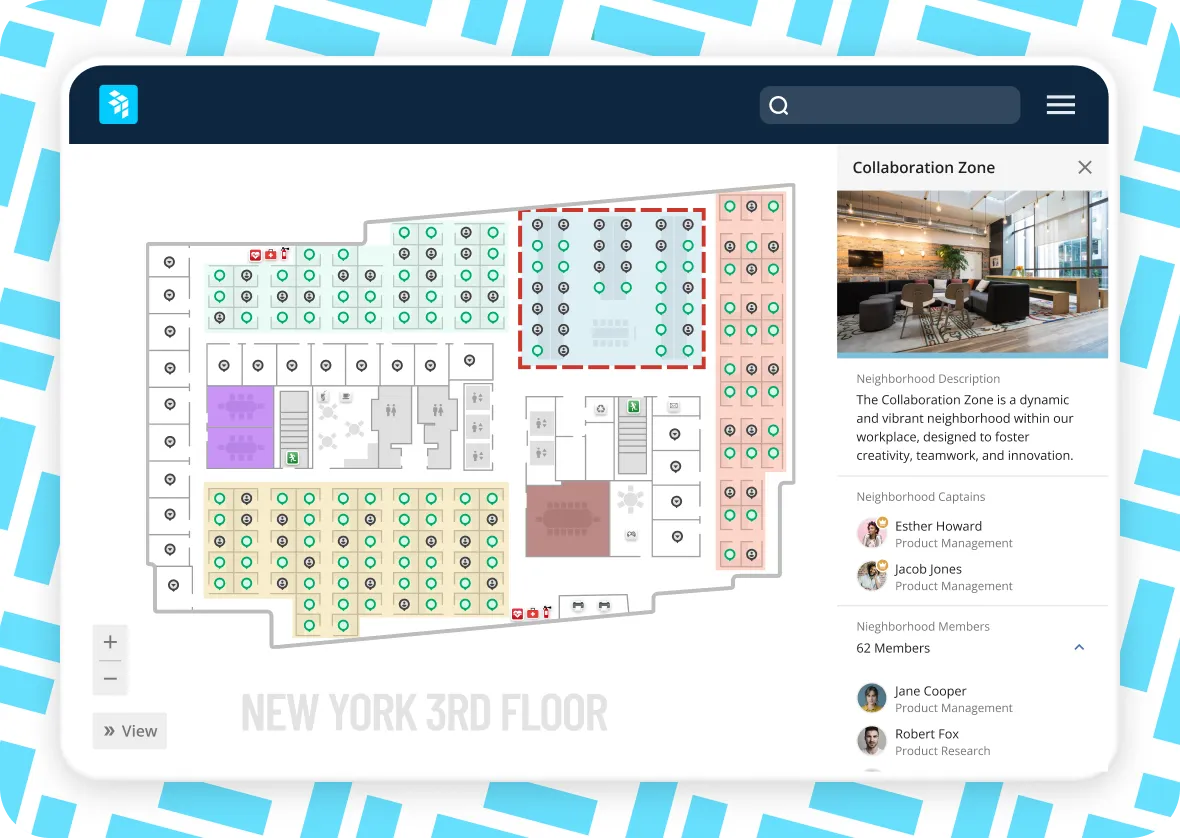 Floor plan of a modern office with colored zones, icons, and a sidebar showing the “Collaboration Zone” details, photos, member list, and descriptions. Search bar and navigation icons appear at the top.
