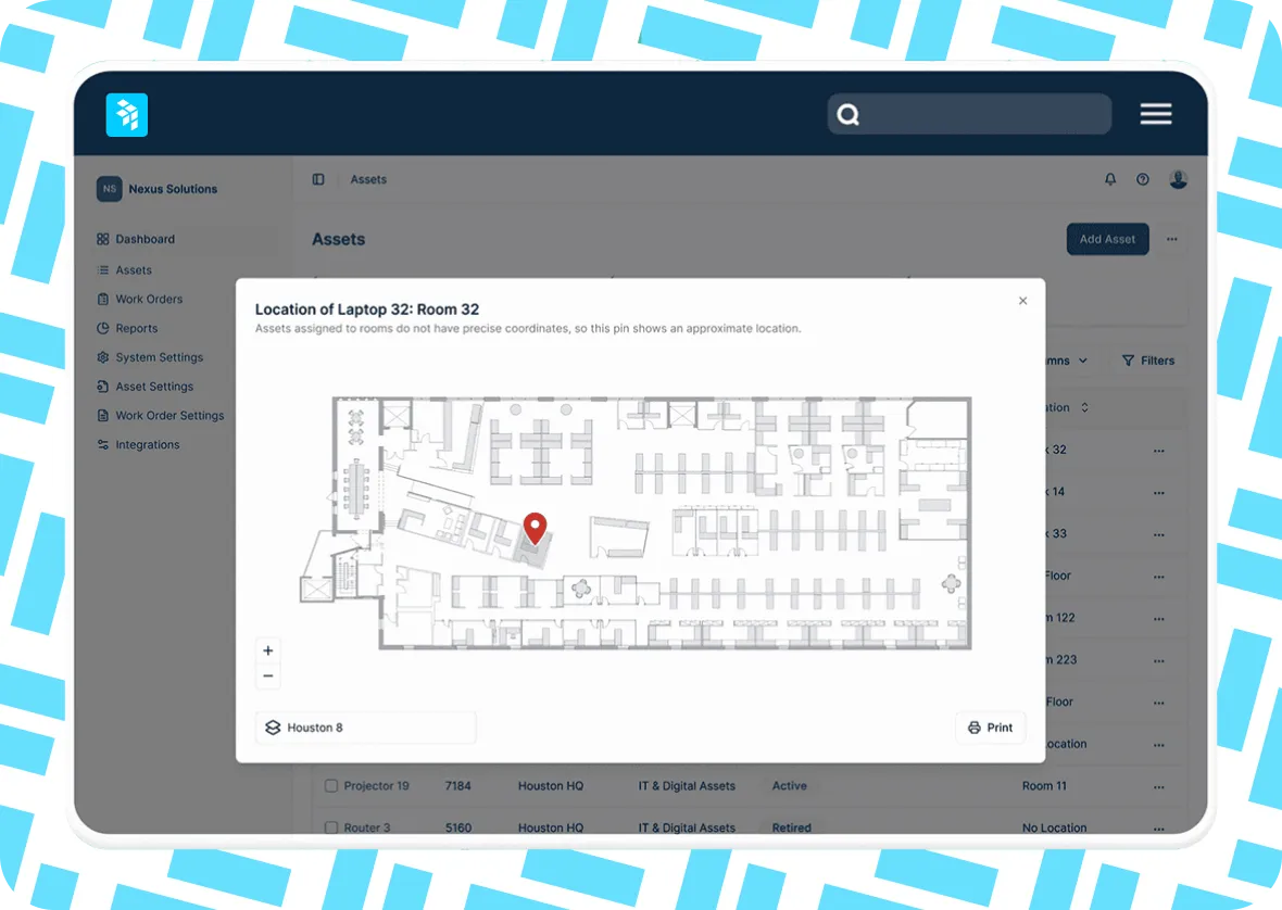A computer screen displays an office floor plan with a red location pin, indicating the location of Laptop 32: Room 32 in the assets section of a software dashboard.