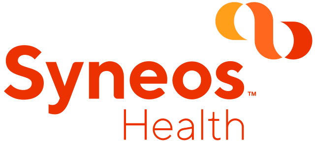 Syneos Health logo with intertwined orange and red design above the company name in red text.