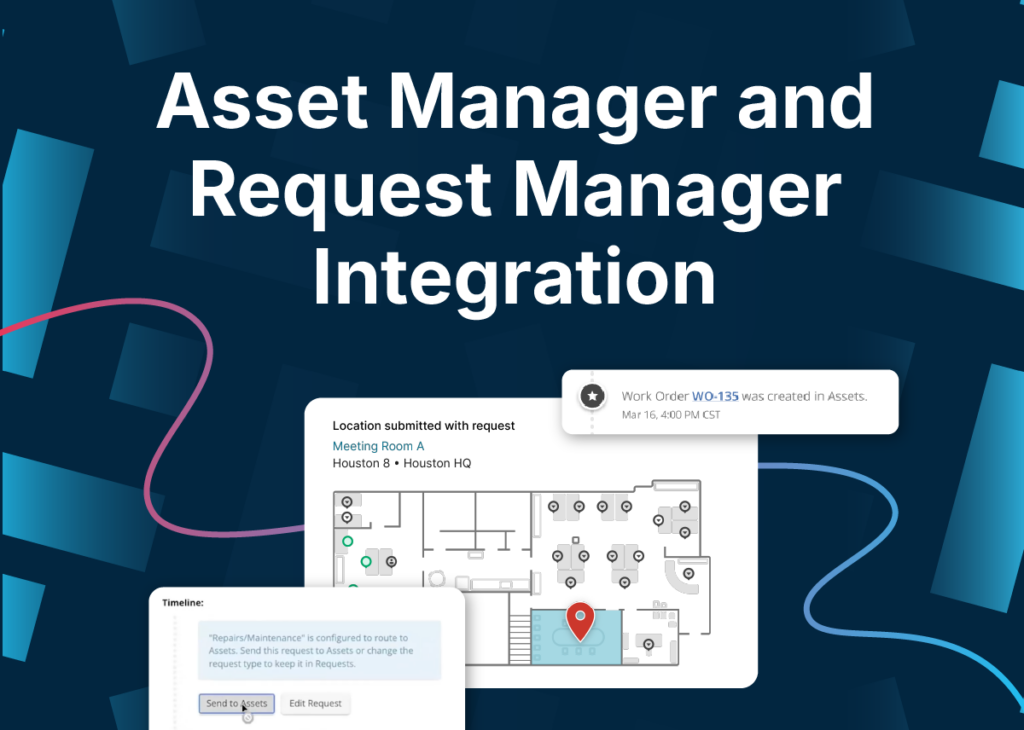 Graphic showing Asset Manager and Request Manager integration, featuring a floor plan map with a location pin and a notification for work order WO-135.
