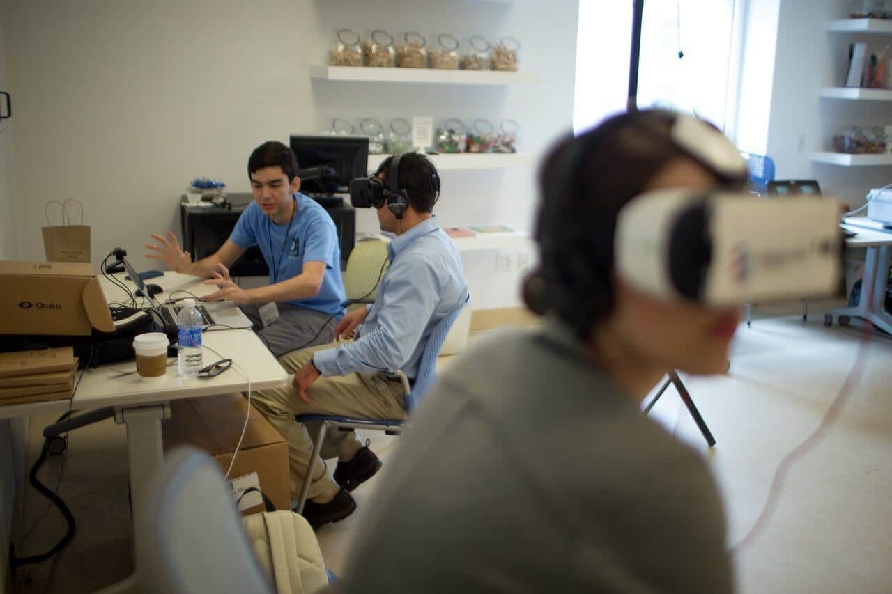 employee using a VR headset at the office